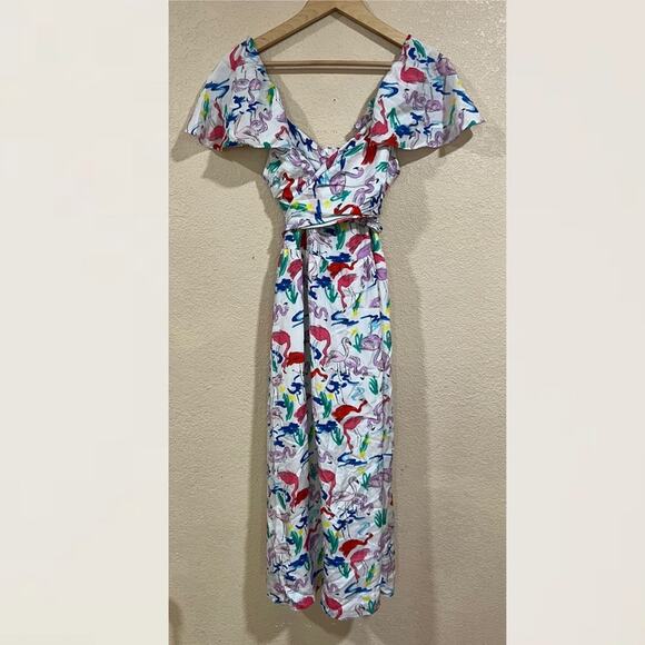 Tanya Taylor White Colorful Flamingo Wrap Bodice Teigan Silk Midi Dress 4 - Picture 2 of 9